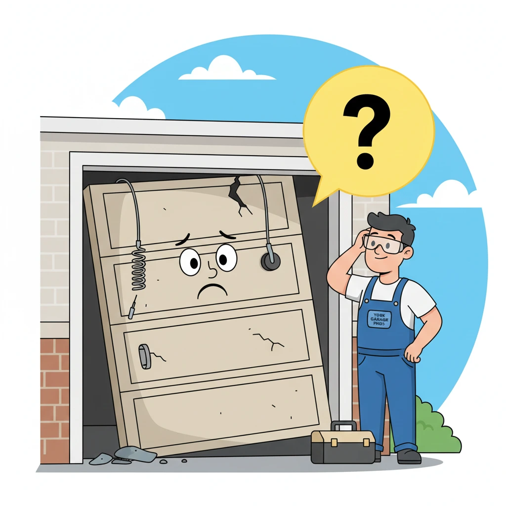 Illustration of a broken garage door with a question mark