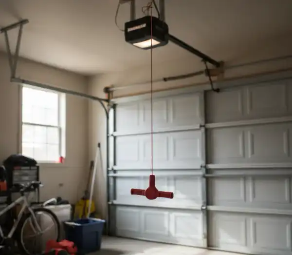 Red emergency disconnect cord on garage door opener